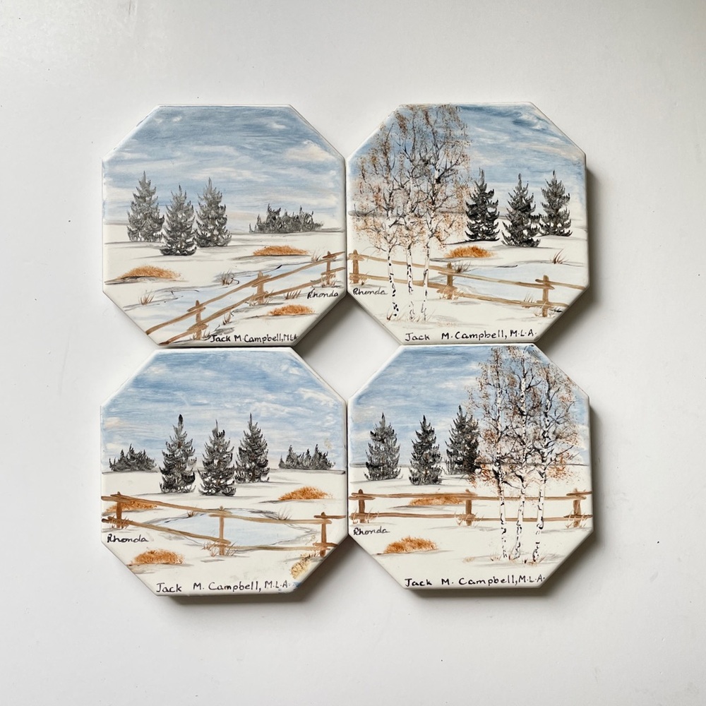 Hand Painted Ceramic Coasters Jack M. Campbell MLA Set of 4 Winter Birch Trees